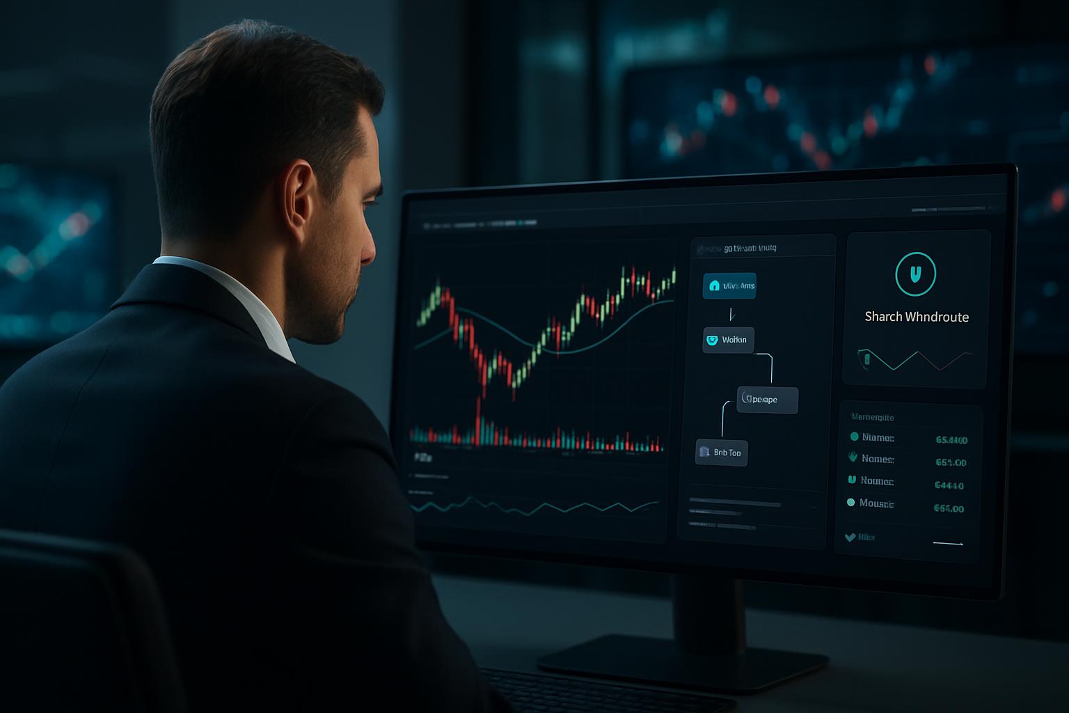 Premium crypto trading SaaS dashboard concept showing a trader managing exchange-connected automation with secure controls
