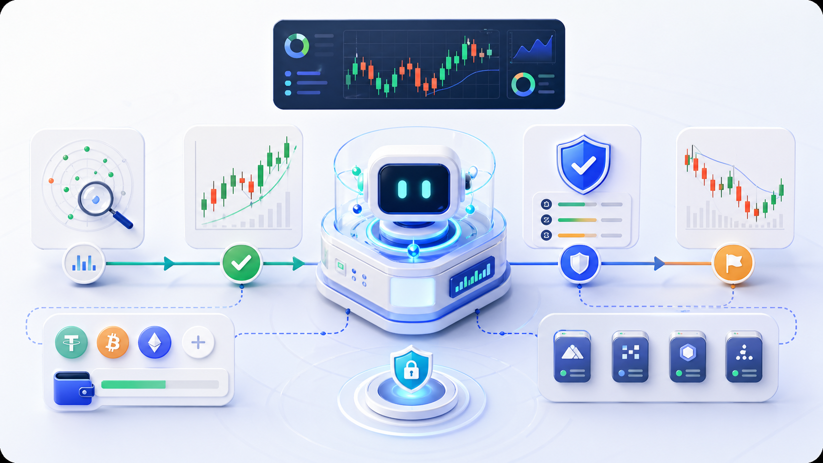 Illustration of Quantova trading bot workflow, market scanning, wallet credits, and risk protection